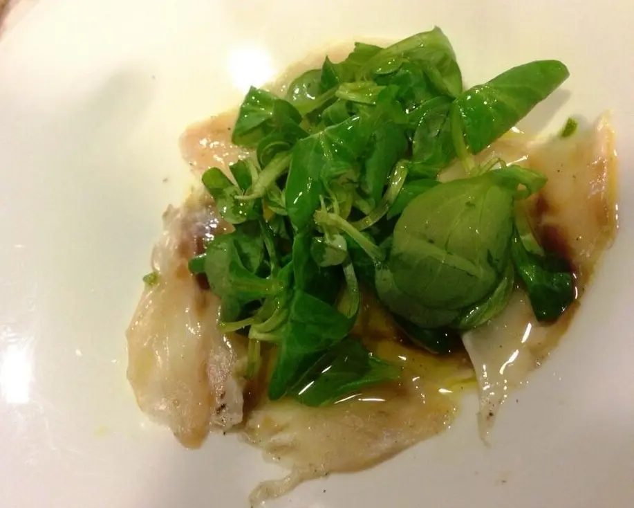 Ensalada de lubina marinada con aceite verde (Restaurante Calder&oacute;n, Santiago) 