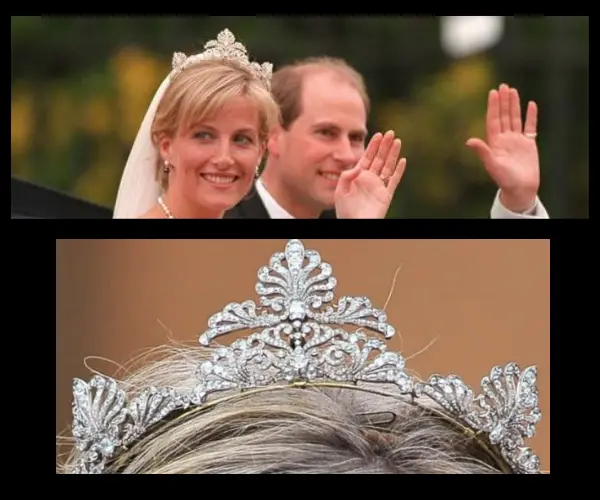 La tiara llevada por la Sophie, condesa de Wessex no tiene un nombre conocido. Fue un regalo de Isabel II y se dice que fue realizada con cuatro piezas de una de las coronas de la reina Victoria.