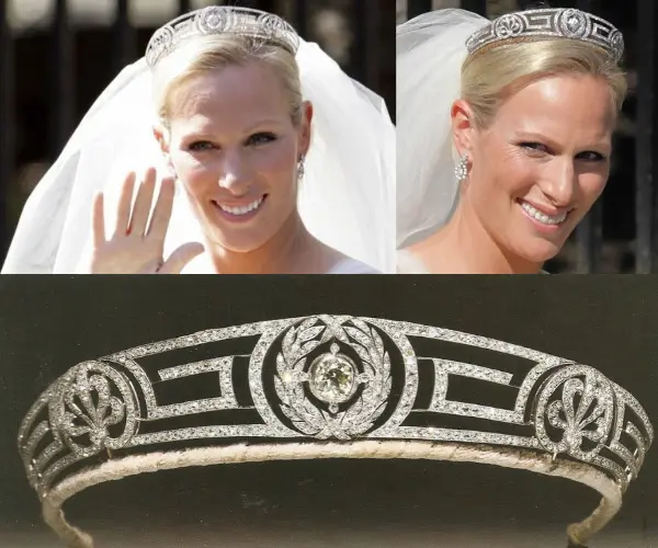 Tiara griega. La princesa Ana prest&oacute; esta joya a su hija Zara Tindall, que la us&oacute; en su boda con Mike Tindall. RR SS.