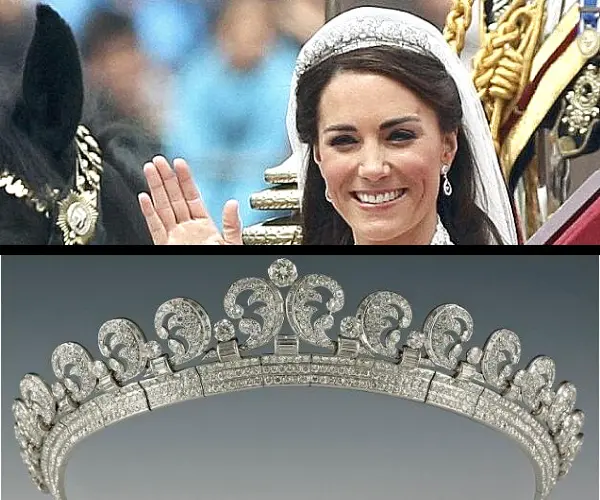 Tiara Halo Cartier. Isabel II prest&oacute; esta joya a Kate Middleton para usarla el d&iacute;a en que se cas&oacute; con el pr&iacute;ncipe Guillermo. RR SS.