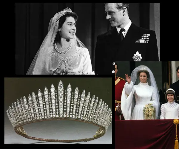 Tiara Russian Fringe, llevada por la reina Isabel II y la princesa Ana en sus respectivas bodas. RR SS.