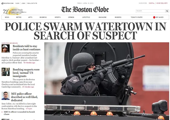 Despliegue policial en Boston, visto en el 'Boston Globe'.
