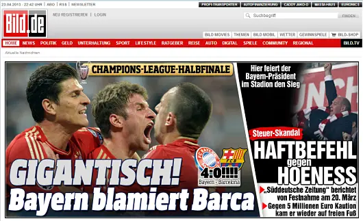 As&iacute; recoge el 'Bild' la goleada del Bayern al Bar&ccedil;a: 4-0