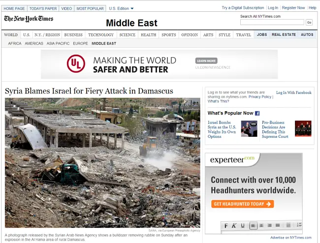 The New York Times publica una fotograf&iacute;a que muestra una excavadora quitando escombros despu&eacute;s de una explosi&oacute;n en la zona de Al Hama rural de Dam