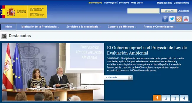 Vista de la home de la web del Ministerio de Presidencia.