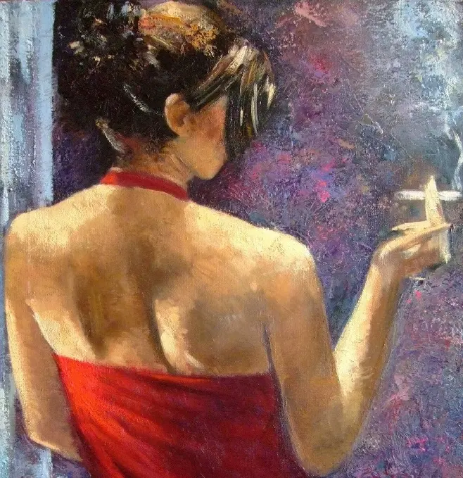 Mujer de espaldas con vestido rojo fumando 