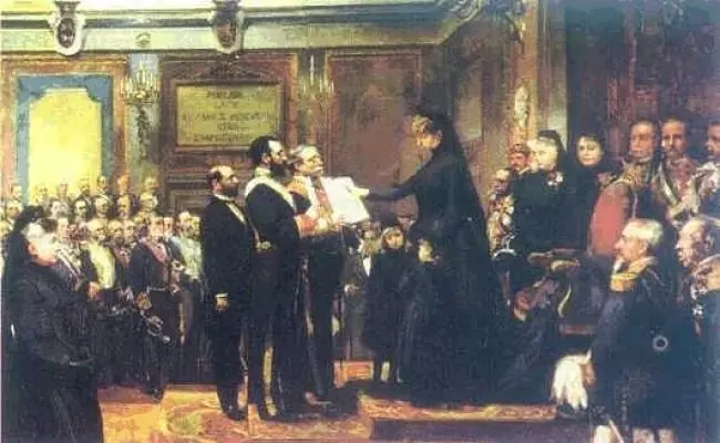 Mar&iacute;a Cristina jura la Constituci&oacute;n de 1876.