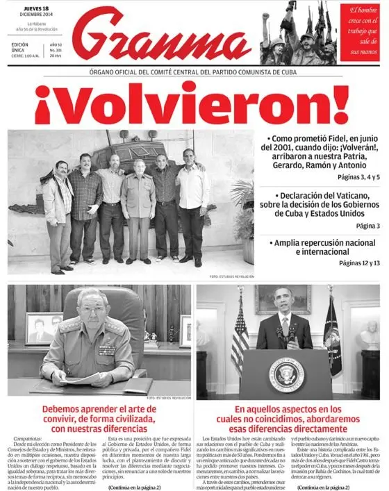 Primera p&aacute;gina del peri&oacute;dico cubano Granma, &oacute;rgano del Partido Comunista.