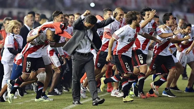 El festejo de los jugadores de River campe&oacute;n en la Libertadores.