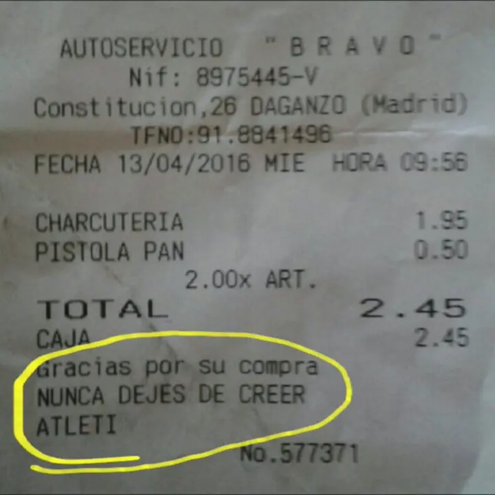 Ticket de un establecimiento animando al Atl&eacute;tico de Madrid.