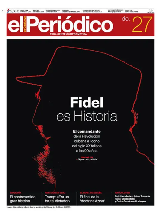 Primera página de El Periódico sobre la muerte de Fidel. / Mundiario