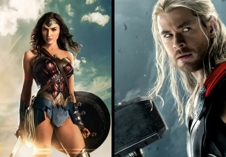 Gal Gadot, actriz, como Wonder Woman, y Chris Hemsworth, actor, como Thor. DC y Marvel.