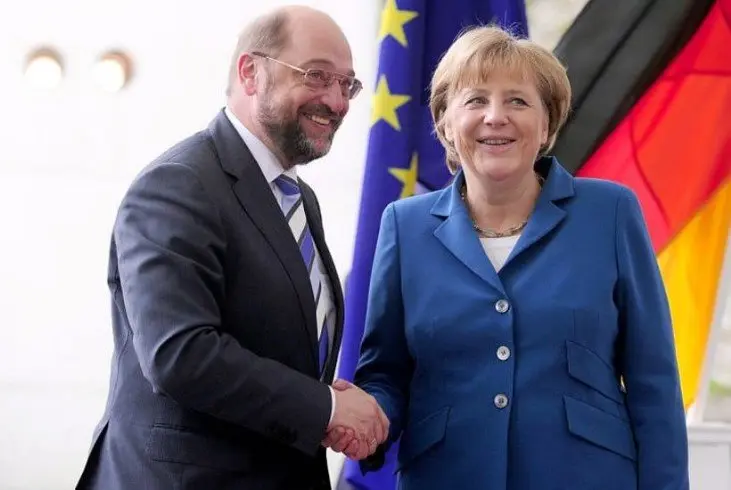 Martin Schulz, pol&iacute;tico alem&aacute;n; y Angela Merkel, canciller de Alemania. / sbs.com.au