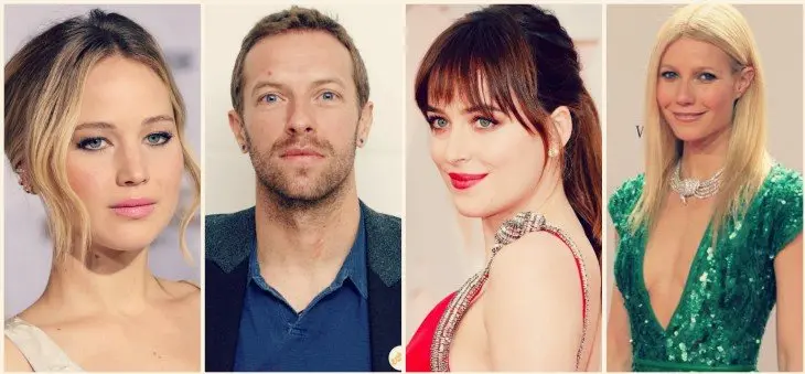 Jennifer Lawrence, actriz; Chris Martin, cantante; Dakota Johnson, actriz; Gwyneth Paltrow, actriz. RR SS