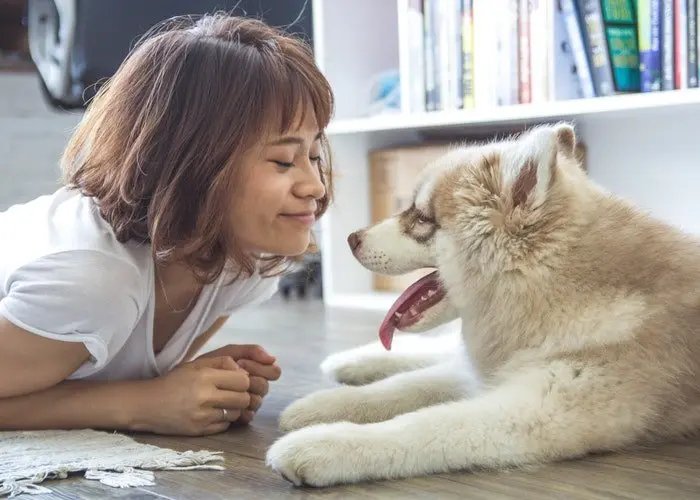 Mujer sonriente con su perro. / Pexels.com