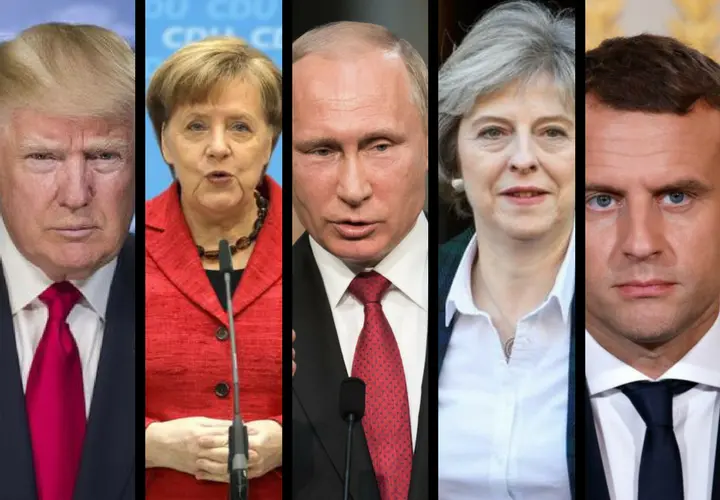 Donald Trump, presidente de EE UU; Angela Merkel, canciller de Alemia; Vlad&iacute;mir Putin, presidente de Rusia; Theresa May, primera ministra del Reino Unido; y Emmanuel Macron, presidente franc&eacute;s. RR SS.