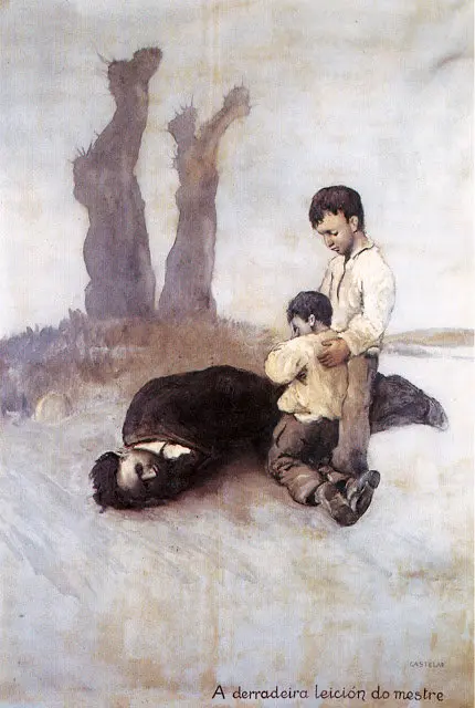 A derradeira leici&oacute;n do mestre (La &uacute;ltima lecci&oacute;n del maestro). / Castelao, 1945. Fragmento de &oacute;leo sobre lienzo. Centro Galicia de Buenos Aires