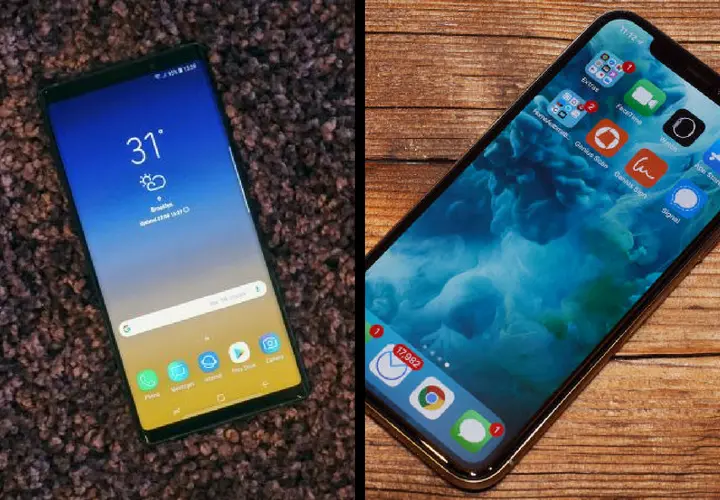 Samsung Galaxy Note 9 y iPhone X. Samsung y Apple.