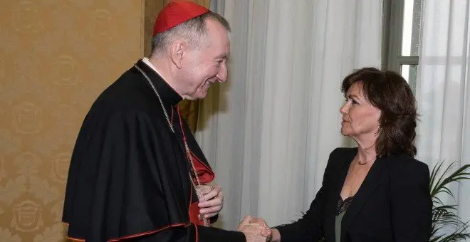 La vicepresidenta del Gobierno, Carmen Calvo, con el secretario de Estado vaticano, Pietro. RR SS.