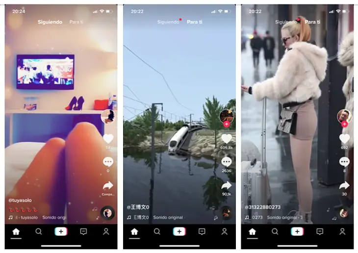 Tres capturas de v&iacute;deos de la app TikTok. / Mundiario