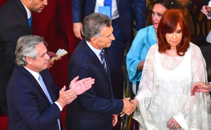 Alberto Fern&aacute;ndez, presidente de Argentida; Maurio Macri, expresidente de Argentina; y Cristina Fern&aacute;ndez de Kirchener, vicepresidenta de Argentina. RR SS.