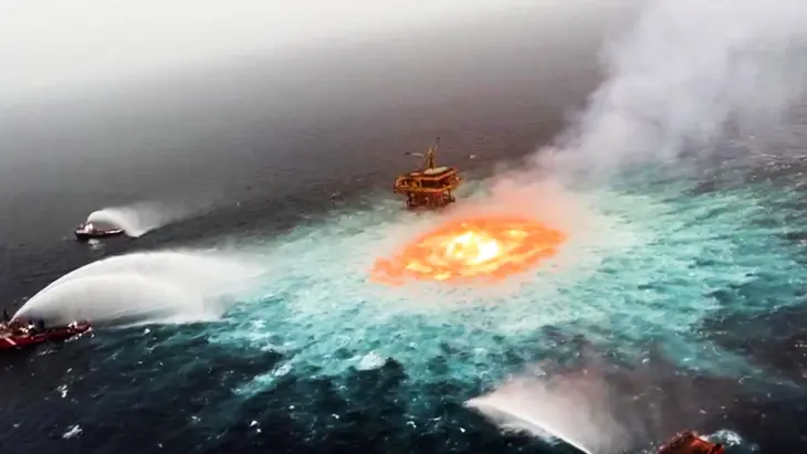 Incendio en el Golfo de M&eacute;xico tras la una fuga de gas en un ducto submarino de PEMEX. RR SS.