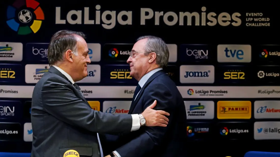 El presidente de LaLiga, Javier Tebas, y el del Real Madrid, Florentino P&eacute;rez. / @mundiario