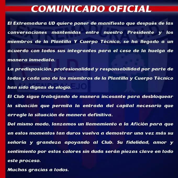 Acuerdo para el cese de la huelga en el Extremadura. 