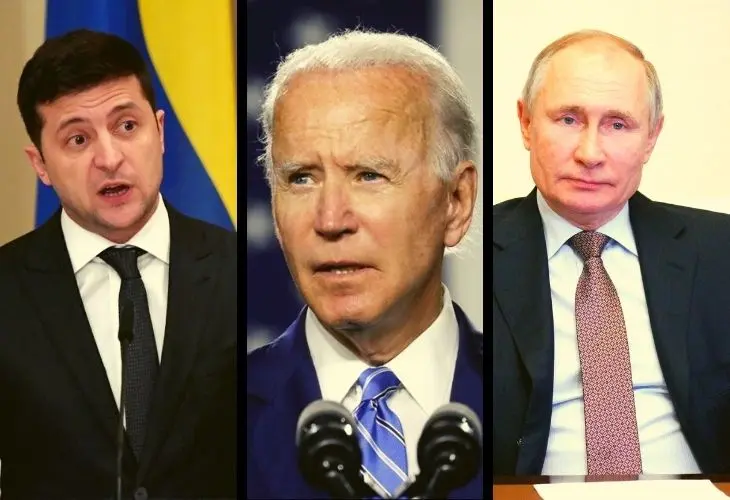 Volod&iacute;mir Zelenski, presidende de Ucrania; Joe Biden, presidente de EE UU; Vladimir Putin, presidente de Rusia. / RR SS.