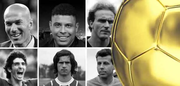Arrib: Zinedine Zidane, Ronaldo Naz&aacute;rio y  Karl-Heinz Rummenigge. Abajo: Paolo Rossi, Gerd M&uuml;ller y Josef Masopust. / Rafael Adolfo V&aacute;squez