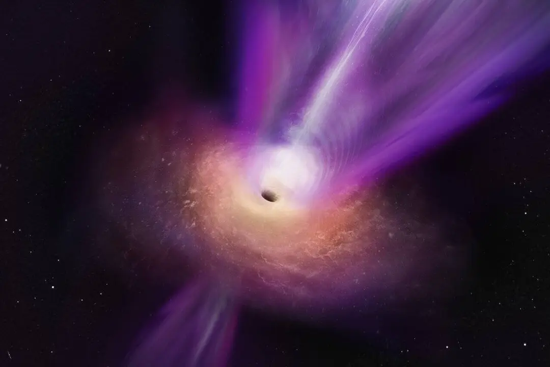 Ilustraci&oacute;n del chorro de materia del agujero negro de la galaxia Messier 87. / SINC