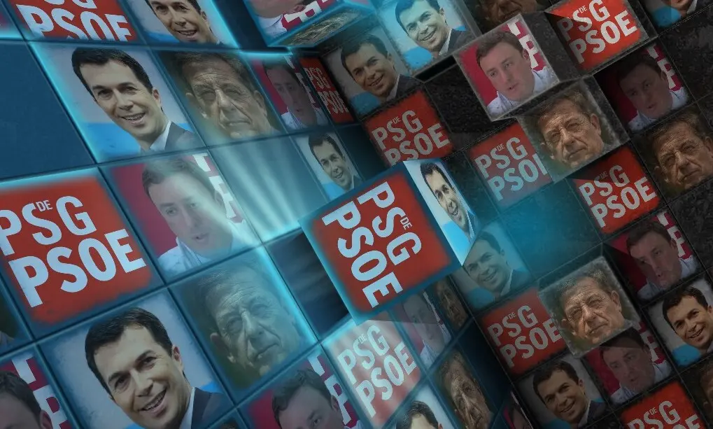 Gonzalo Caballero, Valent&iacute;n Gonz&aacute;lez Formoso y Jos&eacute; Ram&oacute;n G&oacute;mez Besteiro, junto al logo del PSdeG - PSOE. / Mundiario