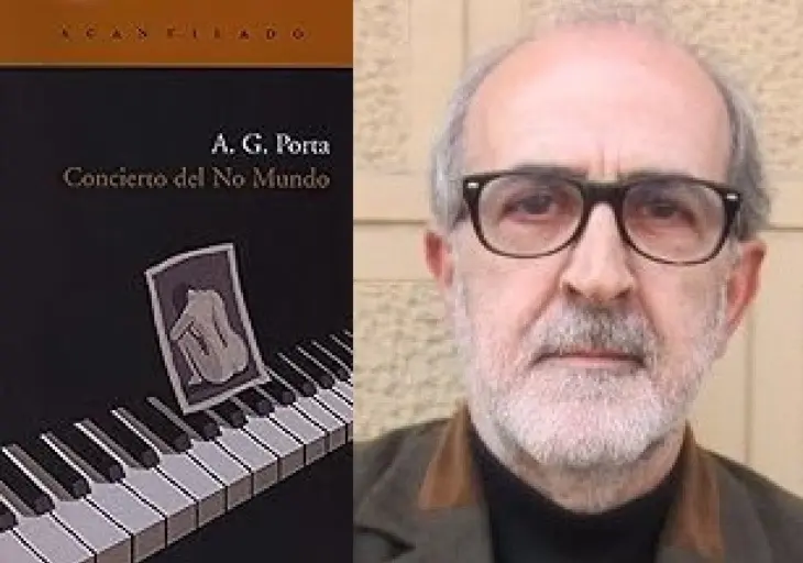 Portada de la novela Concierto del No Mundo, y retrato de su autor