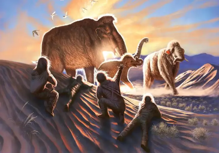 Ilustraci&oacute;n de mamuts lanudos y humanos en Swan Point, Alaska, EEUU. / Julius Csostonyi