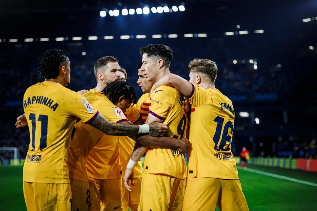 Los jugadores del Barcelona celebrando uno de los goles de Robert Lewandowski. / @fcbarcelona