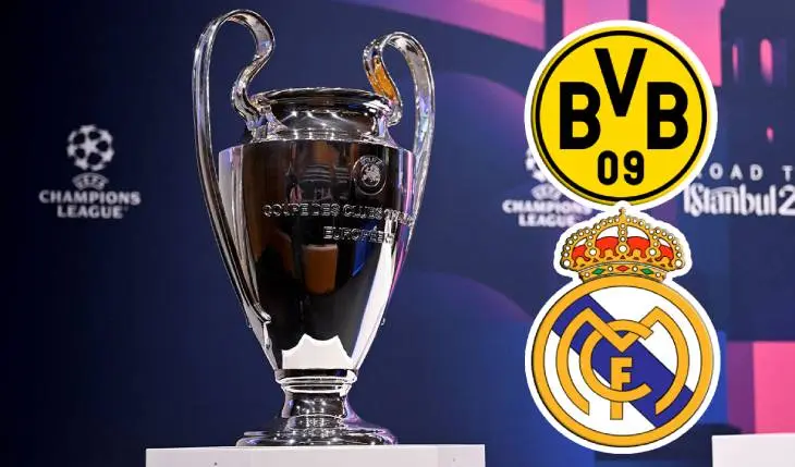 El trofeo de la Champions League junto a los escudos de los finalistas. / Composici&oacute;n