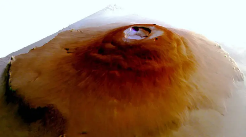 Modelo 3D de la escarcha en la cima del Monte Olimpo en Marte. / SINC-ESA