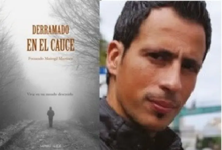 Portada de "Derramado en el cauce" y retrato de su autor