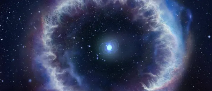 Representaci&oacute;n art&iacute;stica de un magnetar y r&aacute;fagas r&aacute;pidas de radio (FRB). / SINC