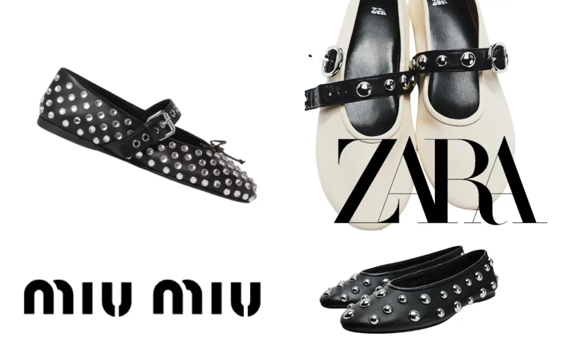 Side-by-side comparison of luxury Miu Miu ballet flats and affordable Zara ballet flats. / O.B.