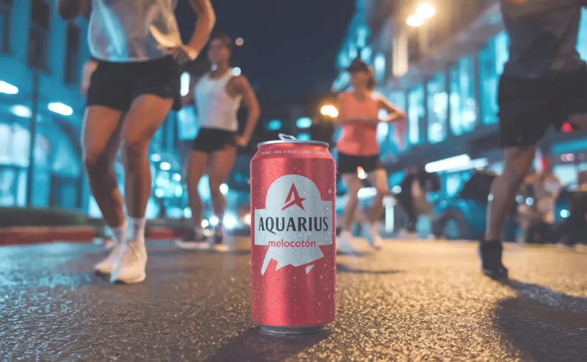 Gente haciendo ejercicio por la noche, con un bote de Aquarius en primer plano. /L.S.