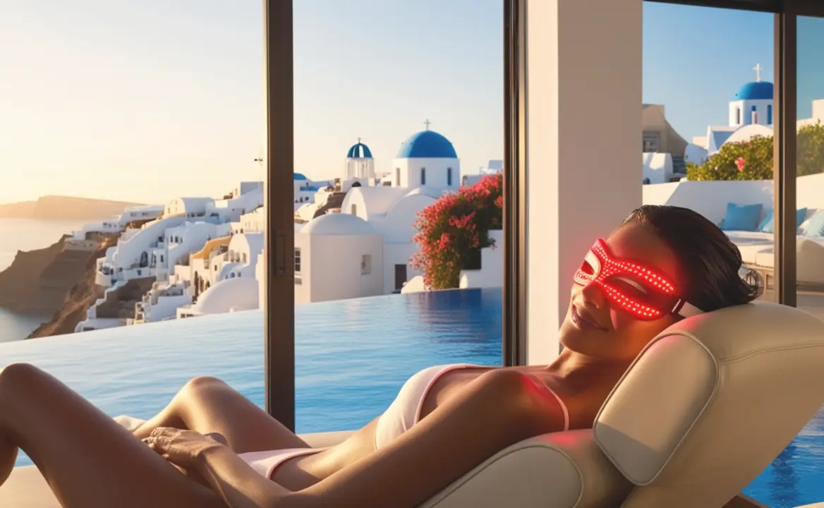 Una mujer con una m&aacute;scara led en un hotel de Santorini. / Z.B.&nbsp;