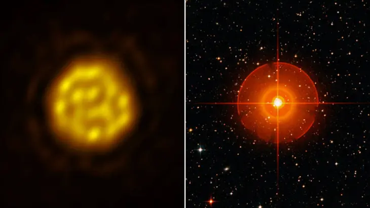 A la izquierda, la imagen de R Doradus captada por ALMA, y a la derecha el campo de la regi&oacute;n del cielo que rodea a la estrella. /ALMA-ESO