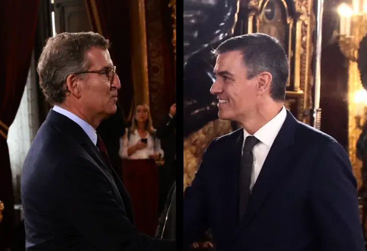 Alberto N&uacute;&ntilde;ez Feij&oacute;o, l&iacute;der del PP; y Pedro S&aacute;nchez, presidente del Gobierno, durante recepci&oacute;n por el D&iacute;a de la Fiesta Nacional. / Mundiario