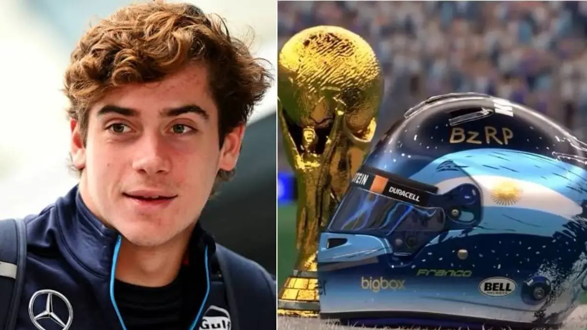 Franco Colapinto y el casco que utilizar&aacute; en el GP de Qatar 2024. /  Composici&oacute;n