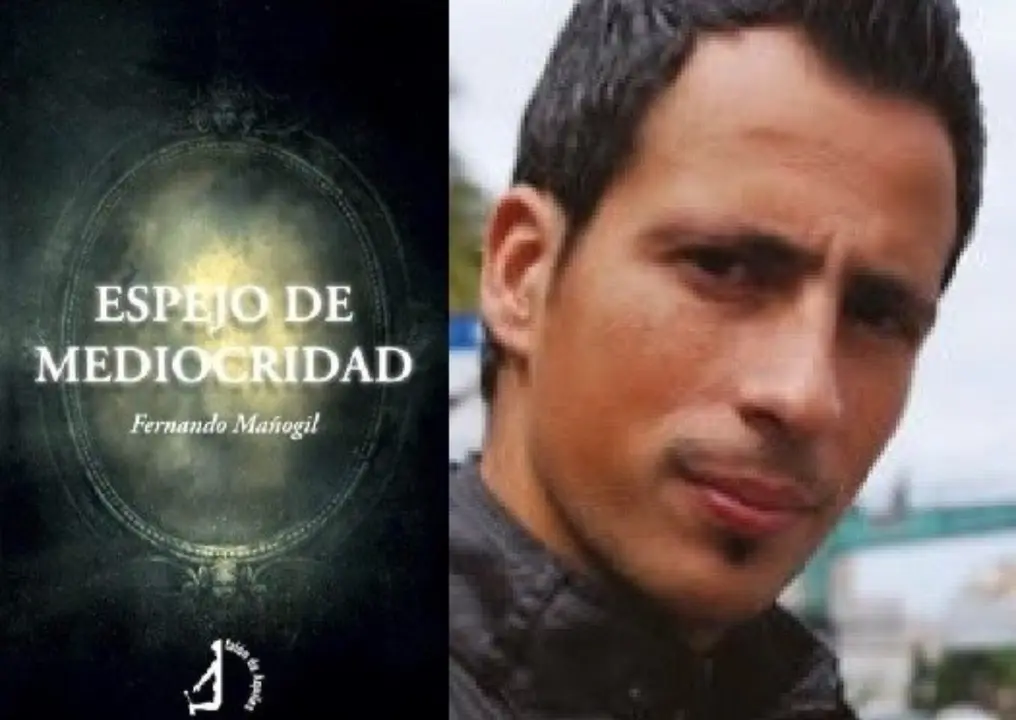 Portada del poemario "Espejo de mediocridad" y retrato de su autor