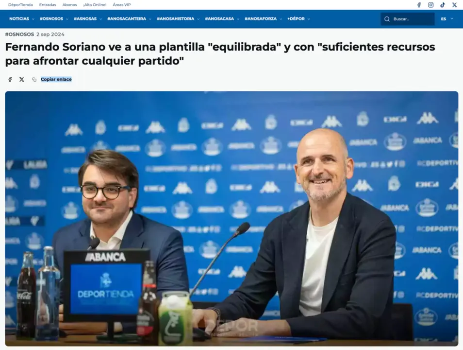 Captura de la web del Deportivo de La Coruña del pasado 2 de septiembre de 2024. / RCD