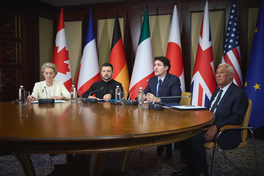 Ursula von der Leyen, Volod&iacute;mir Zelenski, Justin Trudeau y Ant&oacute;nio Costa. / @ZelenskyyUa
