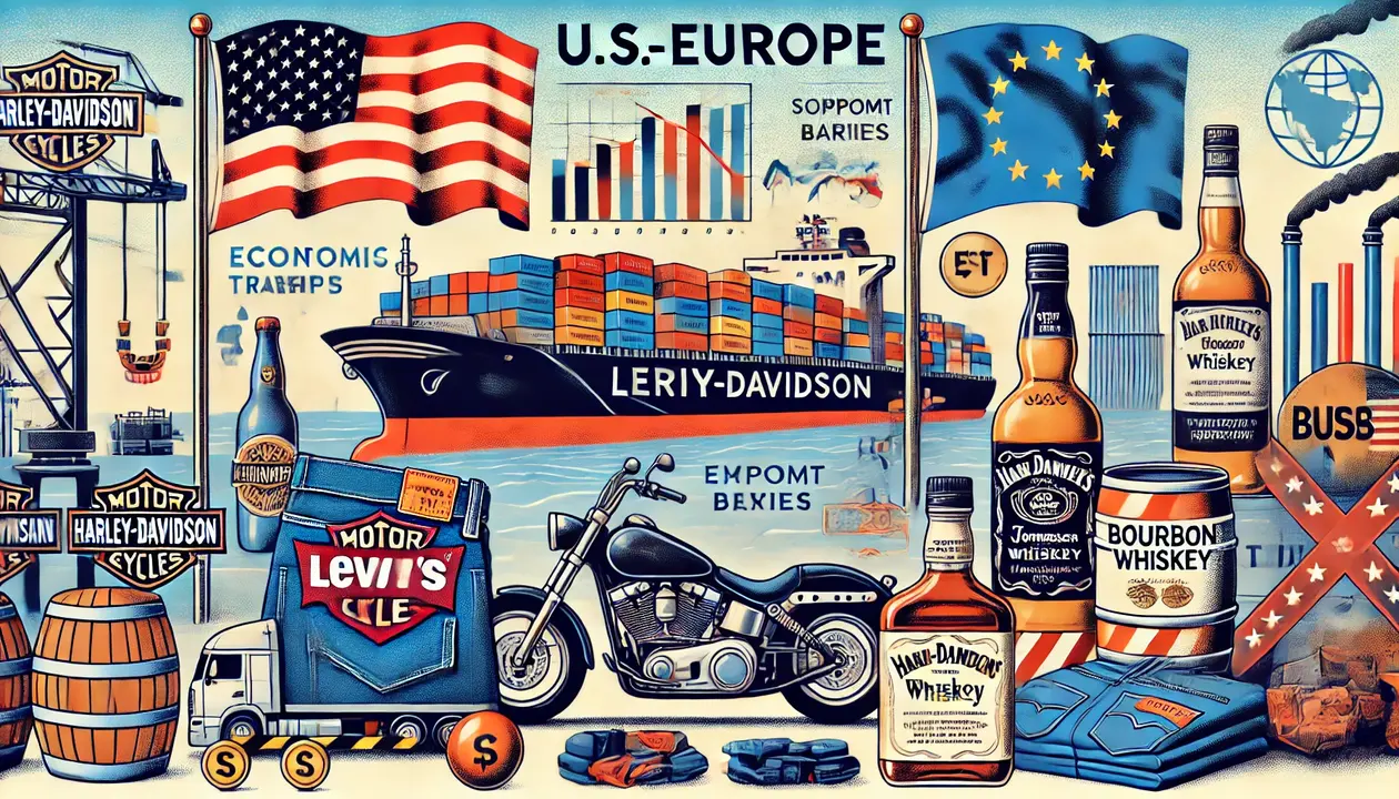 Una ilustración de la guerra comercial entre Estados Unidos y Europa, con referencias evocadoras a los Levi's y las Harley-Davidson. / Mundiario