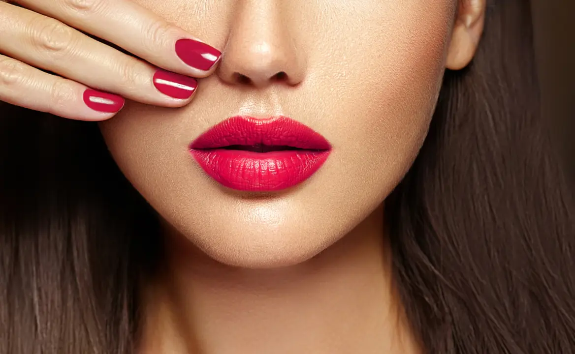 Labial rojo tipo vinilo.